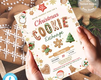 May include: A Christmas Cookie Exchange invitation with festive illustrations of gingerbread cookies, a snowman, and a Christmas tree. The invitation is held by hands and features the text "Whisk Yourself Over For A Christmas Cookie Exchange".