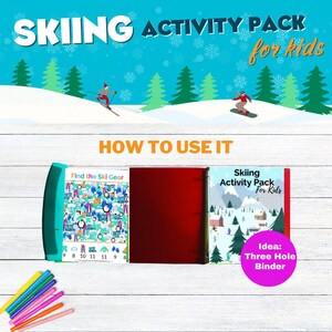 The image is an advertisement for a skiing activity pack for kids. It features a winter scene with a skier and a snowboarder, along with a red binder and a set of colored pencils.