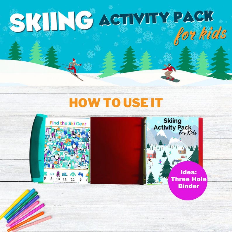 The image is an advertisement for a skiing activity pack for kids. It features a winter scene with a skier and a snowboarder, along with a red binder and a set of colored pencils.