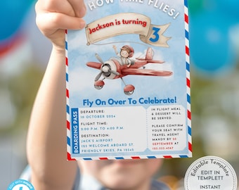 Airplane Birthday Invitation Template | Editable Digital Template | Printable Invite | Aviation Theme | Boy Birthday Party | 3rd Birthday