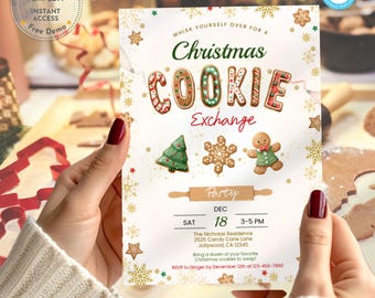 May include: A Christmas Cookie Exchange invitation with festive graphics. The design features gingerbread cookie letters spelling "COOKIE", a Christmas tree, snowflake, and gingerbread man. The invitation includes event details and RSVP information.
