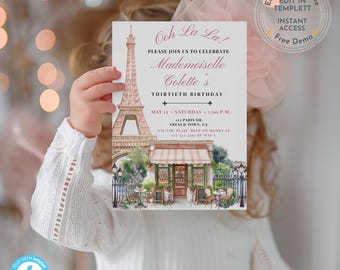 Paris Birthday Party, DIY 30th Birthday Invite, Editable Invitation, Eiffel Tower Theme Template, Kids Travel Decor, Instant Download