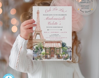 Paris Birthday Invitation, Eiffel Tower Theme, Editable Template (Digital Download), 10th Birthday Party