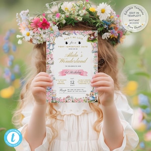 Alice’s Adventures | Wonderland Garden Tea Party 1st Birthday Invitation Template | Whimsical Kids Party Invite | Editable Digital Download