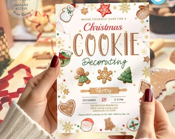 May include: A Christmas Cookie Decorating Party invitation with festive illustrations of cookies, a snowman, and a Christmas tree. The invitation includes the date, time, and location details. The text reads "Whisk yourself over for a Christmas Cookie Decorating Party."
