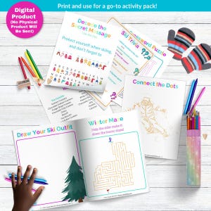 The image is a collection of various printed materials, including a digital product, a puzzle, and a winter-themed activity pack, all displayed on a wooden surface.