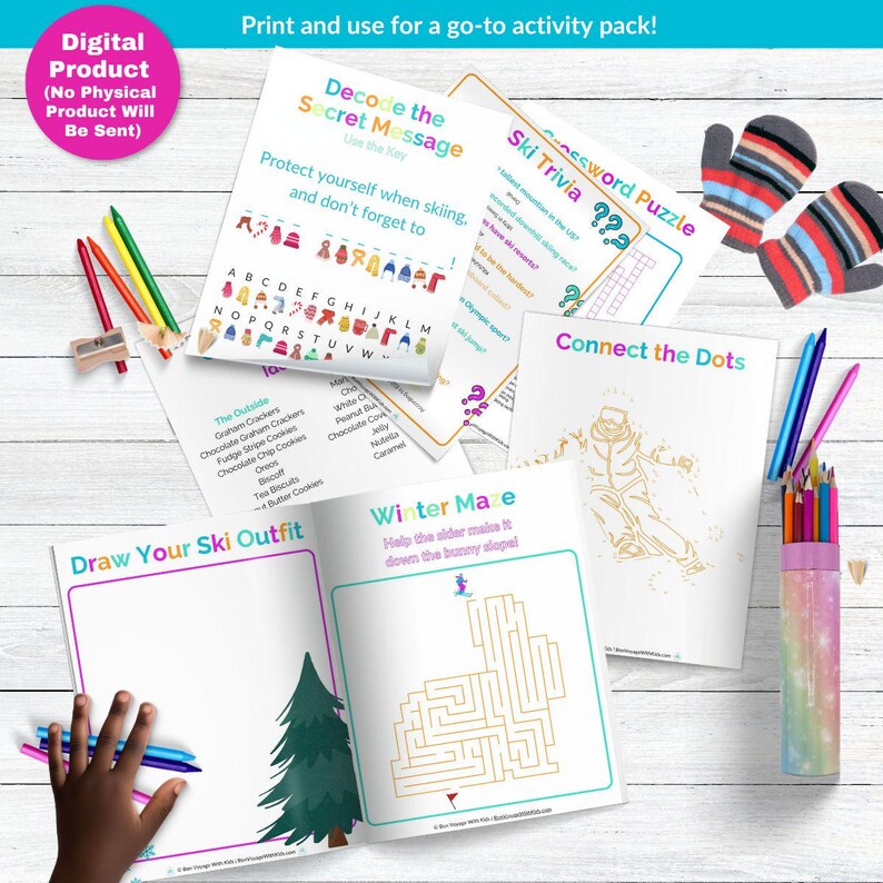 The image is a collection of various printed materials, including a digital product, a puzzle, and a winter-themed activity pack, all displayed on a wooden surface.