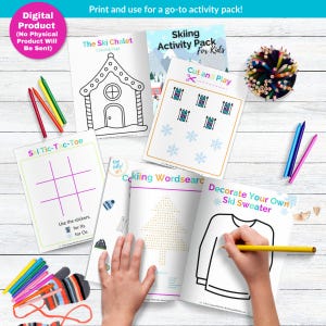 A person's hands are shown holding a pencil and working on a coloring book, surrounded by various art supplies such as crayons and markers, as well as a digital product for a go-to activity pack for kids.