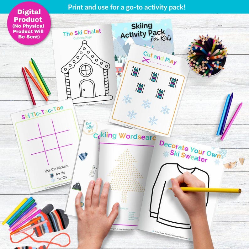 A person's hands are shown holding a pencil and working on a coloring book, surrounded by various art supplies such as crayons and markers, as well as a digital product for a go-to activity pack for kids.