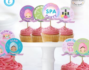 Spa Party Cupcake Toppers: Pamper Party Theme - Editable Templates (Digital Download)