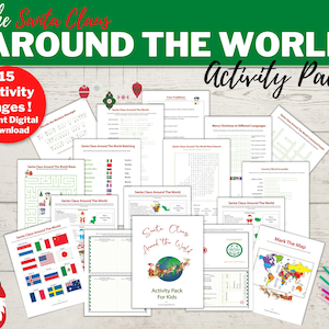 Op de afbeelding: Een printbaar activiteitenpakket voor kinderen met de kerstman die de wereld rondreist. Het pakket bevat 15 pagina's met activiteiten zoals doolhoven, woordzoekers en kleurplaten. De omslag toont een kleurrijke illustratie van de kerstman die over een wereldkaart vliegt.