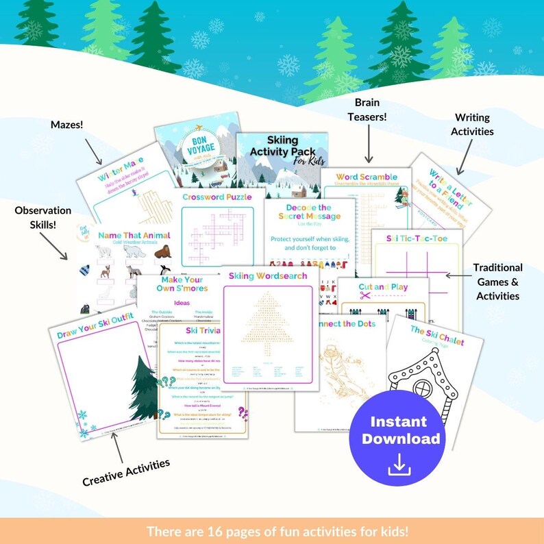 The image is a collage of various educational and creative activities for kids, including puzzles, games, and writing activities, all set against a snowy winter landscape with pine trees.