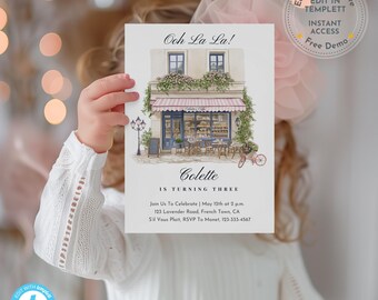 Editable Parisian Cafe 3rd Birthday Invite, Elegant French Girl Party, Patisserie Themed