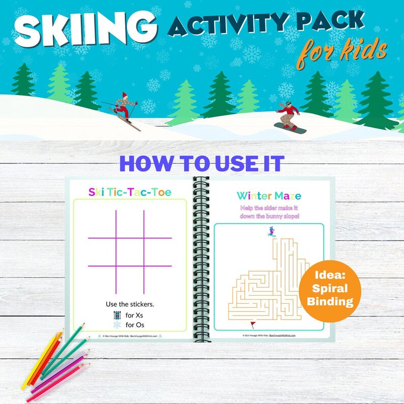 The image is an advertisement for a skiing activity pack for kids. It features a winter scene with snow-covered trees and people skiing, along with a spiral binding activity pack and a set of colored pencils.
