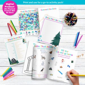 The image is a collection of various educational materials, including worksheets, games, and coloring pages, arranged on a wooden surface.