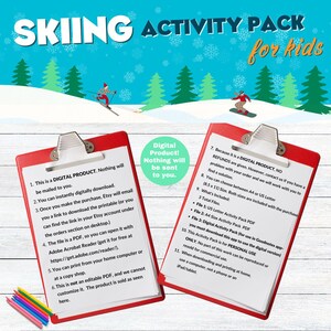 The image is an advertisement for a skiing activity pack for kids. It features a red clipboard with instructions for purchasing and using the product, as well as a snowy background with a person skiing.