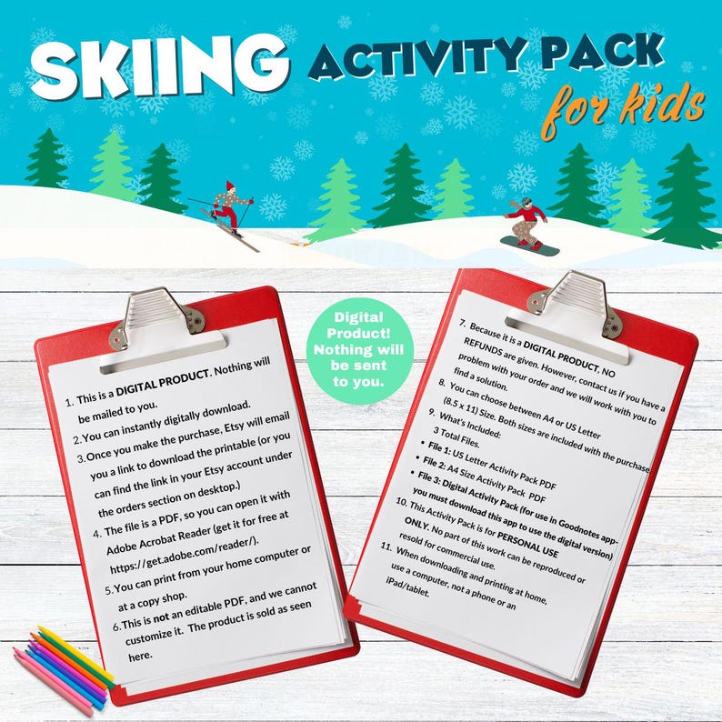 The image is an advertisement for a skiing activity pack for kids. It features a red clipboard with instructions for purchasing and using the product, as well as a snowy background with a person skiing.