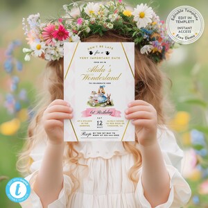 Alice’s Adventures | Wonderland Garden Tea Party| 1st Birthday Invitation Template | Whimsical Kids Party Invite | Editable Digital Download