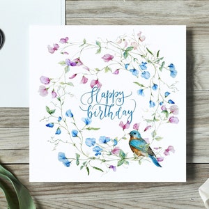 Geburtstagskarte zum Ausdrucken | Alles Gute zum Geburtstag | Blumenkranz | Drossel | 13x13cm | Quadratische Karte | Digitaler Download, Sofort Download