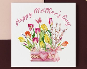 Printable Mother's Day Card | Happy Mother's Day | Basket Flowers | Tulips | Butterfly | Heart | Printable Card | 5x5in, Instant Download