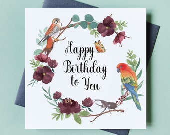 Printable Birthday Card | Happy Birthday | Parrot | Falcon | Flower Wreath | Butterfly | 5.25 x 5.25in | Square Card | Instant Download