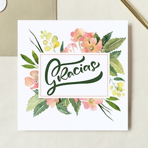 Ausdruckbare Dankeskarte | Gracias | Blumenkranz | 5.25 x 5.25in | Quadratische Karte | Digitaler Download, Sofortiger Download