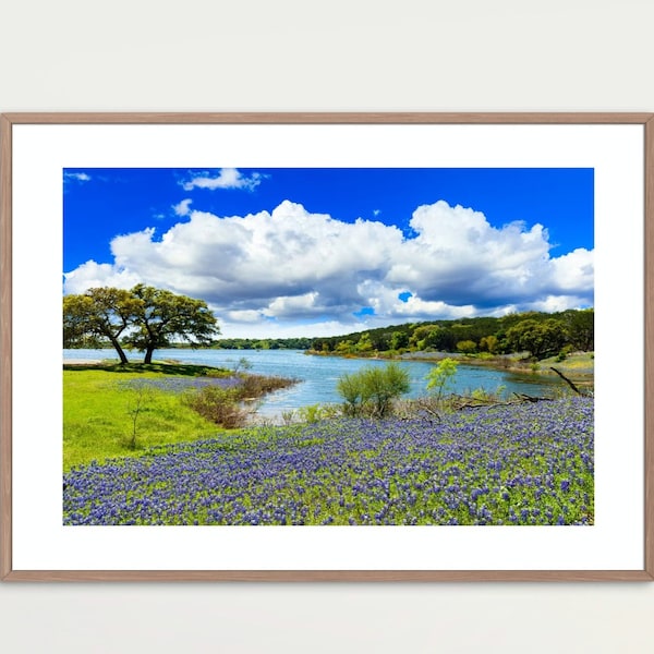 Beautiful Bluebonnets along a lake in the Texas Hill Country, Landscape Photo, Wildflower Wall Decor, Nature Printable, Instant Download