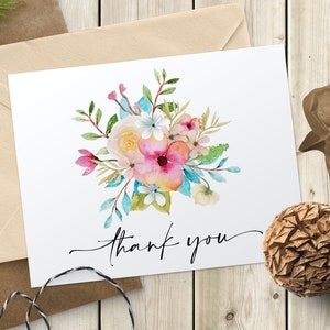 Carte de remerciement imprimable | Merci | Bouquet de fleurs | Couleurs pastel | 5,5 x 4,25 po | Fleur florale | Téléchargement numérique, téléchargement instantané