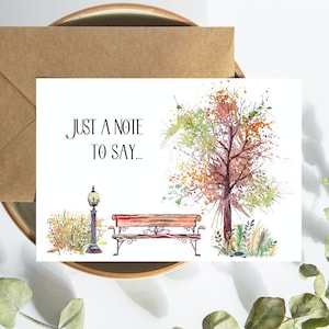 Afdrukbare notitiekaart | Herfstboom | Bank | Gewoon een opmerking om te zeggen | Lantaarnpaal |Blanco binnenkant | 5,5 x 4,25 inch, digitaal downloaden, direct downloaden