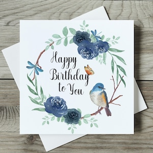 Biglietto d'auguri stampabile/buon compleanno/uccellino azzurro/farfalla/ghirlanda di fiori/libellula/5,25 x 5,25 pollici/biglietto quadrato/download istantaneo