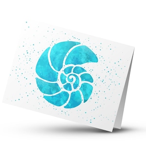 Tarjeta de notas imprimible / Acuarela / Concha de Nautilus azul / Interior en blanco / 5.5x4.25in, Descarga digital, Descarga instantánea