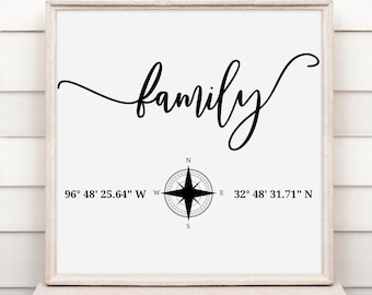 Family Sign with GPS Coordinates of your Family, digital download, Instant Printable, Housewarming gift, Farmhouse, latitude Longitude