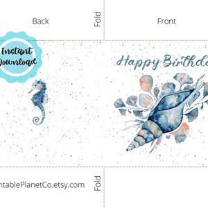 Tarjeta de cumpleaños imprimible / Feliz cumpleaños / Concha de mar / Caballito de mar / Flores / 5 x 5 in / Tarjeta cuadrada / Descarga digital, Descarga instantánea