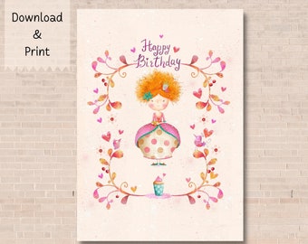 Red Hair Girl Birthday Card | 5x7 Printable Floral Design (Digital Download)