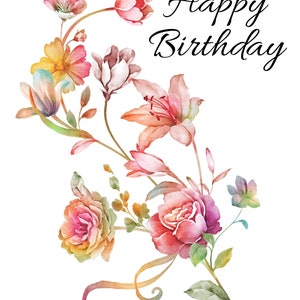 Printable Birthday Card Digital Card Printable Card Watercolor Flowers Ribbon Leaves 5x7in, Digital Download, Instant Download image 2