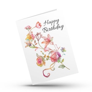 Printable Birthday Card Digital Card Printable Card Watercolor Flowers Ribbon Leaves 5x7in, Digital Download, Instant Download image 4