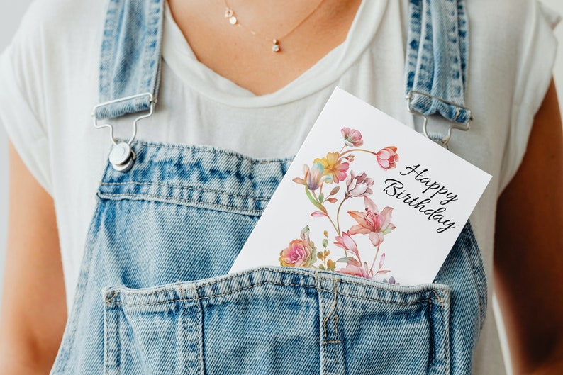 Printable Birthday Card Digital Card Printable Card Watercolor Flowers Ribbon Leaves 5x7in, Digital Download, Instant Download image 5