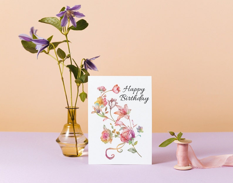 Printable Birthday Card Digital Card Printable Card Watercolor Flowers Ribbon Leaves 5x7in, Digital Download, Instant Download image 8