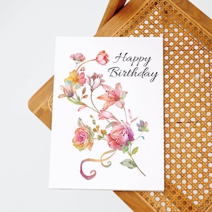 Printable Birthday Card Digital Card Printable Card Watercolor Flowers Ribbon Leaves 5x7in, Digital Download, Instant Download image 7