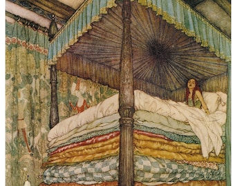 Illustration de La Princesse au petit pois, estampe de conte de fées vintage d'Edmund Dulac