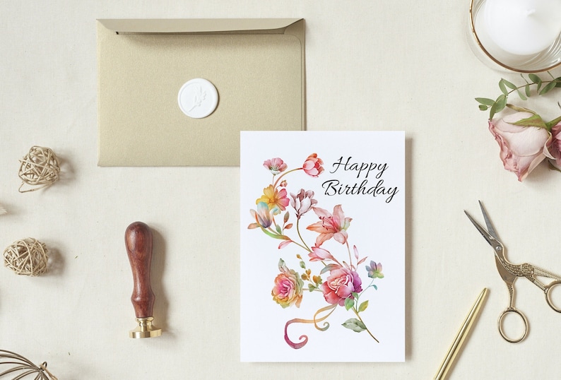 Printable Birthday Card Digital Card Printable Card Watercolor Flowers Ribbon Leaves 5x7in, Digital Download, Instant Download image 1