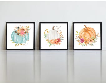 Pumpkin Wall Art Set, Floral Autumn Decor - Instant Download Art