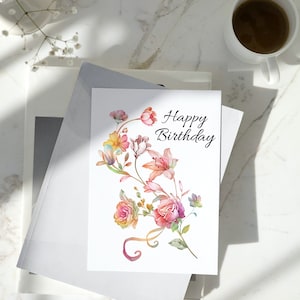 Printable Birthday Card Digital Card Printable Card Watercolor Flowers Ribbon Leaves 5x7in, Digital Download, Instant Download image 6