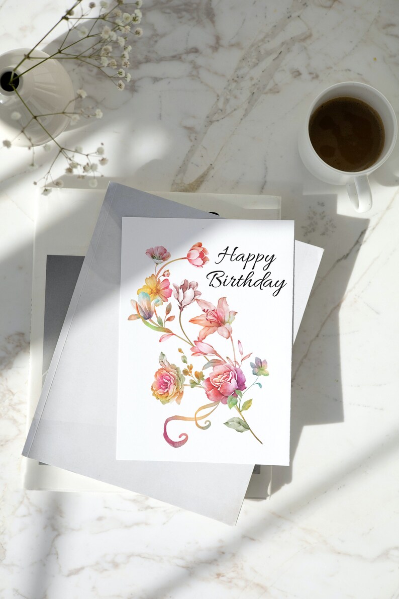Printable Birthday Card Digital Card Printable Card Watercolor Flowers Ribbon Leaves 5x7in, Digital Download, Instant Download image 6