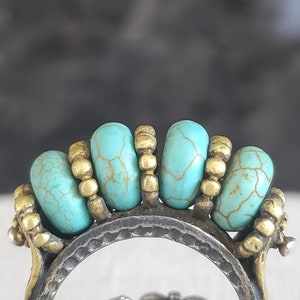 Antique Like Turquoise Ring | Handmade 925 Carat Silver & Brass | Gemstone Tribal Bohemian Shaman | Hand-hammered Turkish Statement Ring