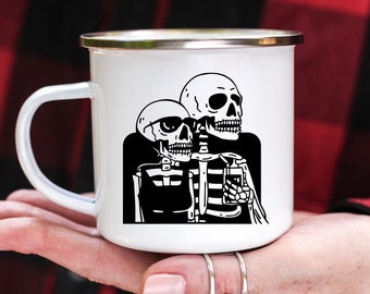 Goth Wedding Gift Cute Skeleton Couple Hipster Gift Halloween Lover Anniversary Gift Enamel Mug 12oz