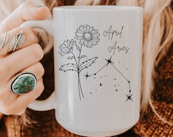 Personalized Birth Flower Gift Custom April Birthday Present Aries Daisy Zodiac Mug birthday Gift for Her Mother’s Day Gift Celestial Mug