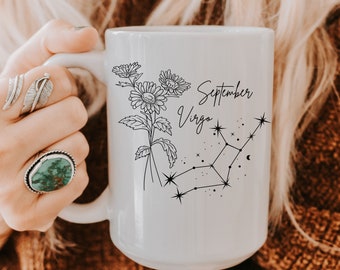 Personalized Birth Flower Aster September Virgo Zodiac Mug Custom Birthday Present for Her Mothers Day Gift Celestial Floral Mug
