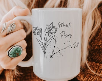 Personalized Birth Flower Gift March Pisces Custom Birthday Present Daffodil Zodiac Mug Mother’s Day Gift for Her Floral Mug