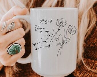 Personalized Birth Flower Gift August Birth Month Flower Poppy Virgo Zodiac Mug Custom Birthday Present for Her Mothers Day Gift